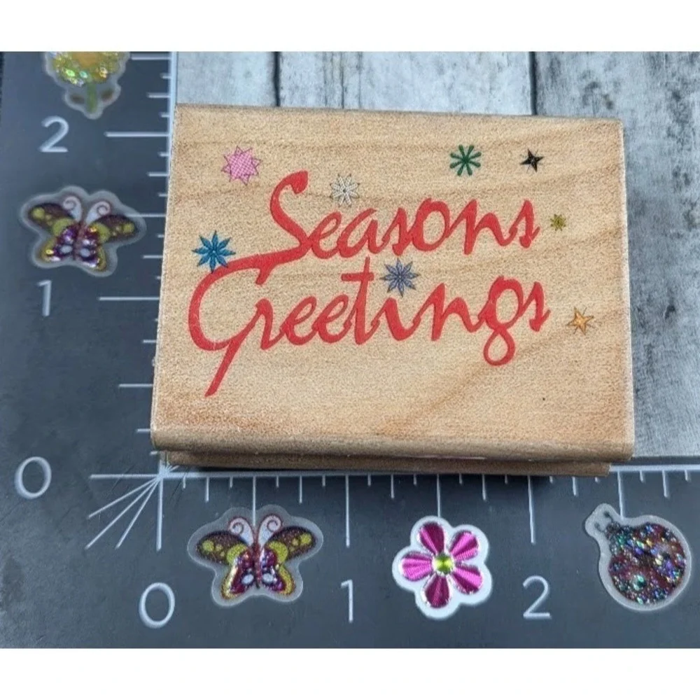 Canadian Maple Season's Greetings Script Snowflakes Rubber Stamp Wood #B53